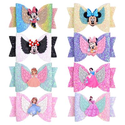 China For birthdays Top Quality Cartoon Figure Glitter Bow Girls Hair Clips Accessories Elsa Princess Hair Bow Clips For Kids for sale