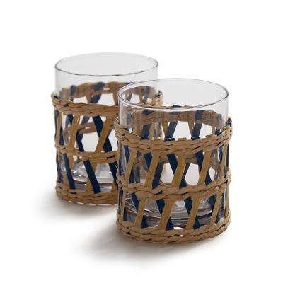 China Sustainable Colored Rattan Paper Wrap Glass Rattan / Wicker Wrapped Water Glass for sale