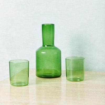 China Hot Selling WATER Colored Bedside Water Carafe and Cup Set Glass Drinkware Glass Amber Blue Pink Green for sale