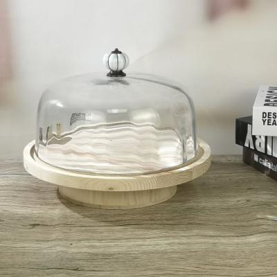 China Customized Clear Glass Cake Dome Cover Stocked With Base Wood Stand for sale