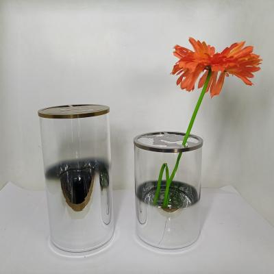 China Country Customized Plating Clear Cylinder Crystal Glass Vase With Metal Lid for sale