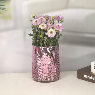 China Custom Country Cylinder Pink Embossed Crystal Glass Flower Vase for sale