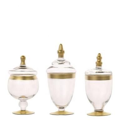 China Freshness Retention Gold Decor Stemmed Candy Buffet Wedding Glass Jar Set Of 3 for sale