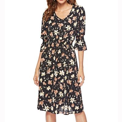 China Women's Vintage Korean Style Lady's Lotus Sleeve Summer Anti-Static Floral Print Mid Length Dress Casual Dress Lady's Chiffon Dress for sale