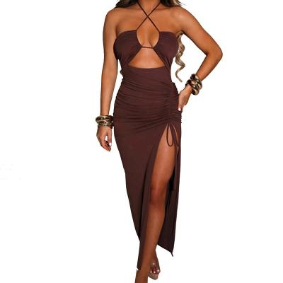 China Newest Breathable Sexy Bodycon Dress Dresses 2021 Women Halter Hollow Out Backless Wrap Club Party Dress for sale