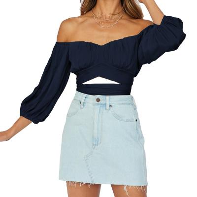 China Anti-pilling Hollow Ruffles Collarless Solid Crop Top Sexy Shirts For Women Tops for sale