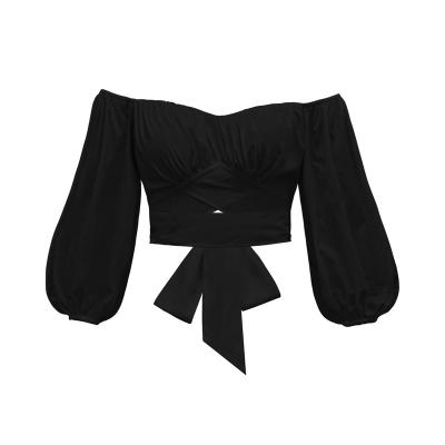 China Anti-pilling 100% Polyester Hollow Out Ruffles Sexy Strapless Collarless Crop Shirts For Women for sale