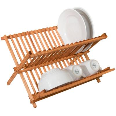 China Sustainable Kitchen Counter Top Dish Rack Two Tier Folding Bamboo Drainer Rack for sale