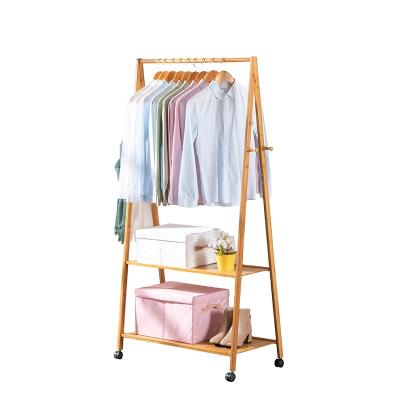 China Single Casual Freestanding Bedroom Hat Clothes Rack Rack Bamboo Household Hanging Colth Rack With Wheels for sale