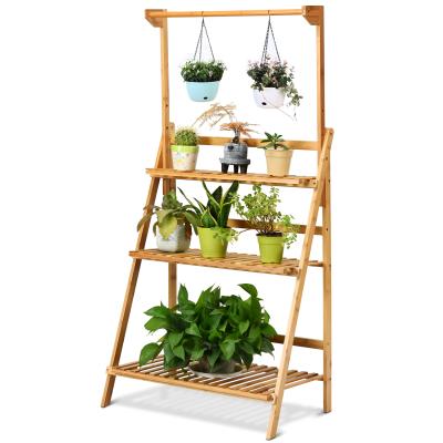 China Modern Bamboo Wooden Ladder Plant Stand 3-Tier Organizer Flower Display Shelf Foldable Stand For Home for sale