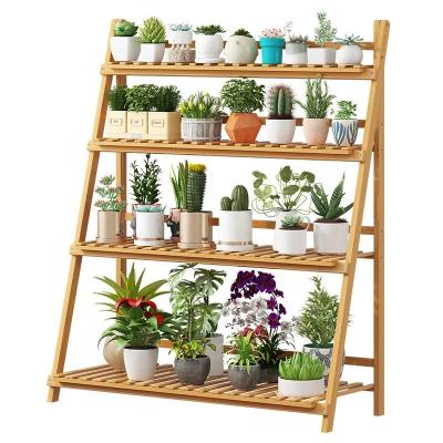 China Modern Garden Sets 3 Tiers Folding Bamboo Flower Rack Plant Stand Display Stand for sale