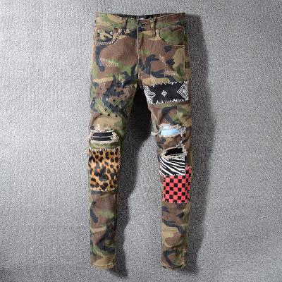 China Wholesale Custom Customized Mens Breathable Plaid Patched Jeans Leopard Star Patched Denim Pants for sale