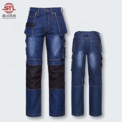 China Wholesale Custom Breathable/Durable 98% Cotton Adjustable Men's Denim Tool Buckle Waist Cargo Pants With Cordura Knee Pad Pockets for sale