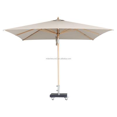 China 2022 Trend 3x3m Restaurant Modern Hot Large Size Outdoor Commercial Garden Wooden Parasol Umbrella With Double Pulley System for sale