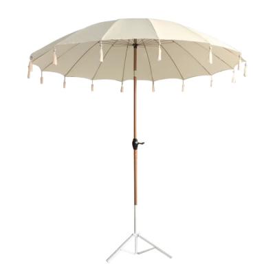 China Modern Milan Cheap Price 16k Ribs Steel Fringe Sun Beach Umbrella With Custom Tassels And Patters for sale