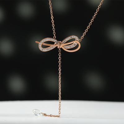 China FASHION Rose Gold Plated Zircon CZ Drop Water Titanium Choker Necklace Fancy Bow Knot Link Chain Steel Necklace For Women Gift for sale