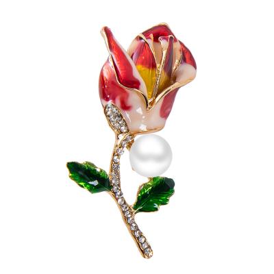 China Luxury Elegant Colorful Rhinestone Rose Flower Brooch For Gift Red Tulip Pearl Brooch Pins Fashion Enamel Crystal for sale