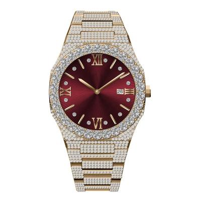 China Water Resistant Iced Out Narrow Stones Full Gold Plating Dial Bling Bling Hip Hop Men's Shiny Red Luminous Jewelry Luxury Diamond Watch for sale