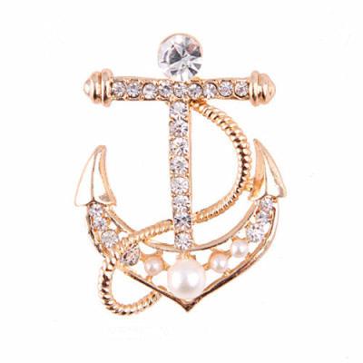 China New Fashionable Style Suit Collar Anchor Brooch With Rhinestone Metal Fashion Anchor Pin Badge Lapel for sale