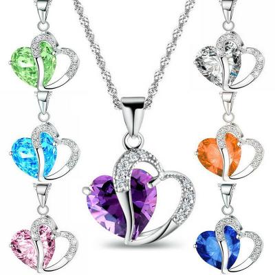 China ALLOY Purple Heart Crystal Rhinestone Silver Chain Pendant Necklace Jewelry for sale