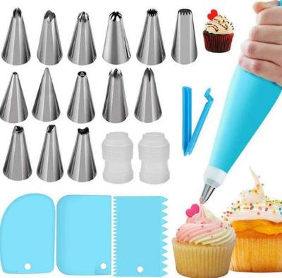 China Amazon Sustainable Hot Sale Stainless Steel Cake Decorating Tips Set Nozzles Set with Bags, Cupcakes, Nails, and Brush Partstry (21 pcs/set) for sale