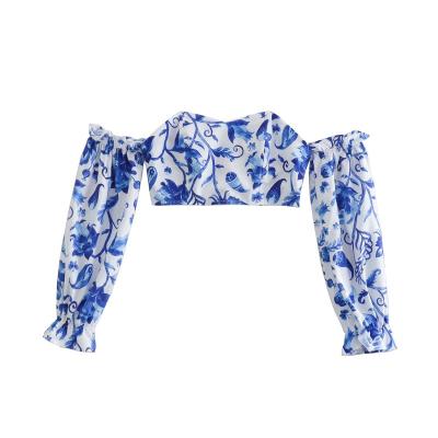 China PB&ZA 2022 Spring Women New Breathable Printed One-shoulder Breath Sleeve Crop Top for sale