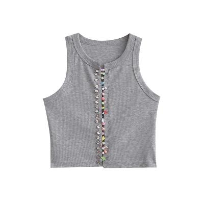 China PB&ZA2022 European summer style anti-shrink the new and American pin-decorated short top elastic thin sleeveless vest for sale