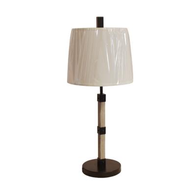 China Nordic Wood Rustic Industrial Grain Iron Farmhouse Vintage Table Lamp Bedroom Table Lamps With Fabric Shade for sale