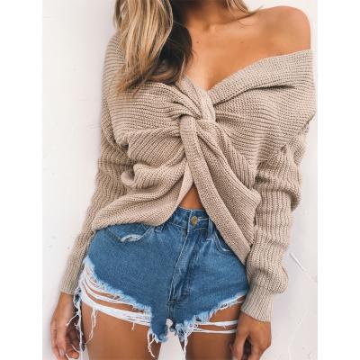 China Factory Custom Spring Anti-Wrinkle Hollow V-Neckline Deep Hole Tops Sexy Knitted Pullover Women Sweater Ladies Backless Sexy Cross Sweater for sale