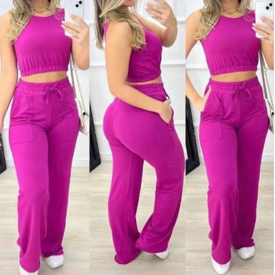 China Fashion QUICK DRY Ladies Summer Solid Color Casual Sleeveless Navel Shower With Drawstring Pants Two Piece Set for sale