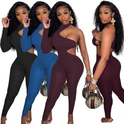 China Anti-pilling Latest Sexy Women Outfit One Shoulder Cut Skinny Long Sleeve Hollow Out Sheath Bodycon Elastic Sexy Romper Jumpsuit for sale