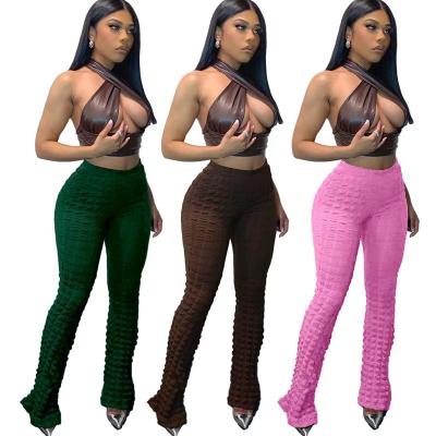 China New Autumn Fashionable Casual Anti-wrinkle Bubble Grid Long Pants High Quality Causal High Waist Solid Color Stretch Bitten Flare Pants for sale