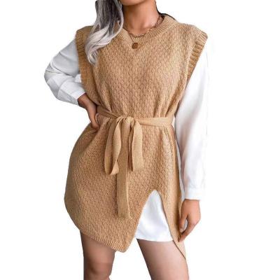 China Wholesale 2022 Women Cotton Casual Crewneck Chunky Knit Waistcoat Sweaters With Belt for sale