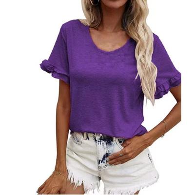 China Anti-pilling Summer Women's Solid T-shirt Ruffles Sleeve V-Neck Tops Casual Loose Tee for sale