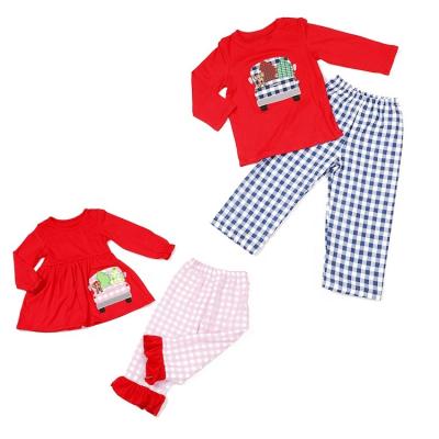 China 2020 Causal Newest Matching Outfits Seersucker Plaids Sibling Autumn Children Clothing Set Brother and Sister Clothes Set for sale