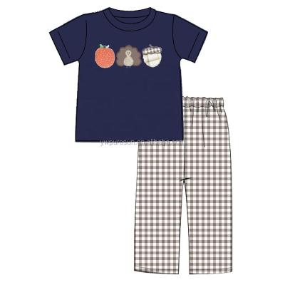 China 2019 Puresun Boutique Children's Outfits 100% Cotton Boys Pumpkin Turkey Embroidery Thanksgiving Apparel Gingham Pant Set for sale