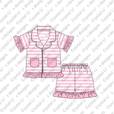 China 2021 new arrival cotton seersucker cotton kids girls ruffle pajamas summer pajamas QUICK DRY two-piece sets for sale