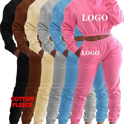 China Breathable Women Fall Plain Causal Loose 2 Piece Drawstring Sweatpants Trotter Cropped Sweatshirt Hoodies Sets for sale