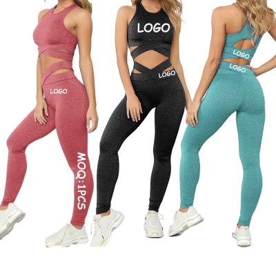 China Breathable Logo Gym Yoga Active Wear Custom Sportswear 2 Piece Sports Bra Ribbed Gaiters Set Women Pants Sports Suit Workout Clothing for sale