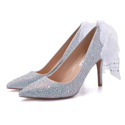 China 2020 Women Breathable High-Low Heel Bridal Ladies Girls Sliver White Rhinestone Wedding Shoes for sale