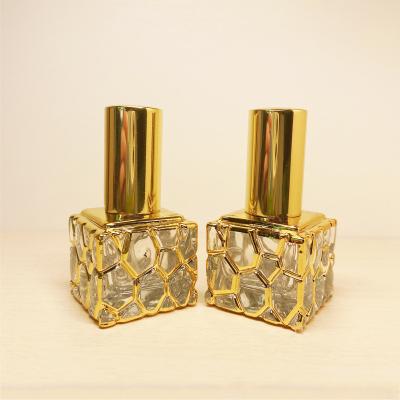 China Perfume Bottle Square 10ml Cosmetic Exotic Crystal Flat Clear Empty Gold Oil Plated Perfume Bottle Glass for sale