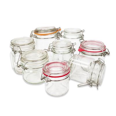 China Steamable Container Storage Glass Jar With Metal Kitchen Food Stainless Steel Glass Canning Jar With Clip for sale