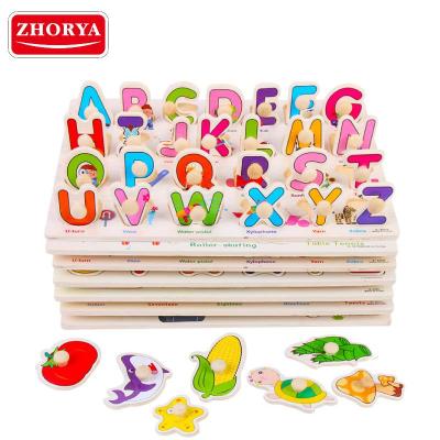 China Accept Trader for Zhorya Wholesale Children's Wooden CognitionToys Early Educational ABC Custom Large Quantity Learning Alphabet Peg Number Puzzles for sale