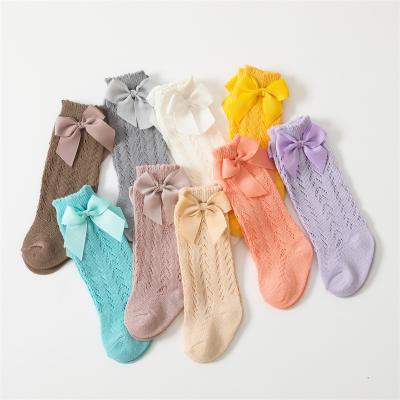 China 2022 Summer Baby Transfer Cavity Bow Knee-High Socks Breathable Newborn Thin Fishing Net Toddler Colorful Socks Knit Loop Anti-mosquito 0-3 for sale