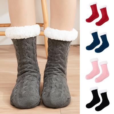 China Thick winter plain color acrylic twisted cable wool acrylic ladies socks with cashmere warm striped non-slip indoor women socks snow days for sale