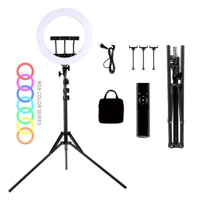 China Tiktok Amazon 10 inch RGB Tripod Stand Phone Colorful Dimmable Photographic Light Stand 18 inch Led Selfie Ring Light HQ-RGB-18N for sale