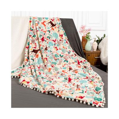 China Hot Sale Anti-Static Plush Receiving Soft Cozy Christmas Fleece Flannel Throw Sherpa Blanket With Pompom for sale