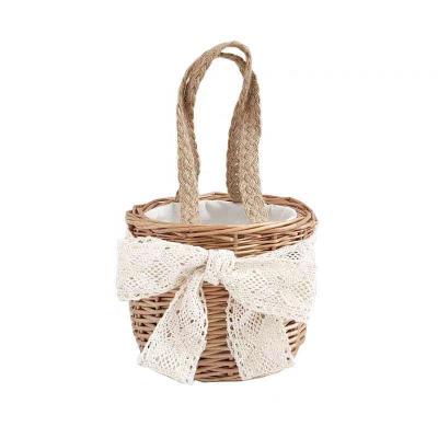 China HOT Handmade Craft Basket Wicker Rattan Bucket Bag With Lace For Kids Girls Children Outing for sale