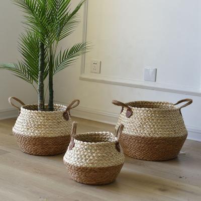 China Handmade Decorative Handmade Storage Basket Flower Potted Storage Basket Straw Planter Covers for sale