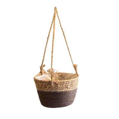 China Handmade Woven Natural Grass Rope Plant Baskets Hanging Plant Baskets With Plastic Lining for sale